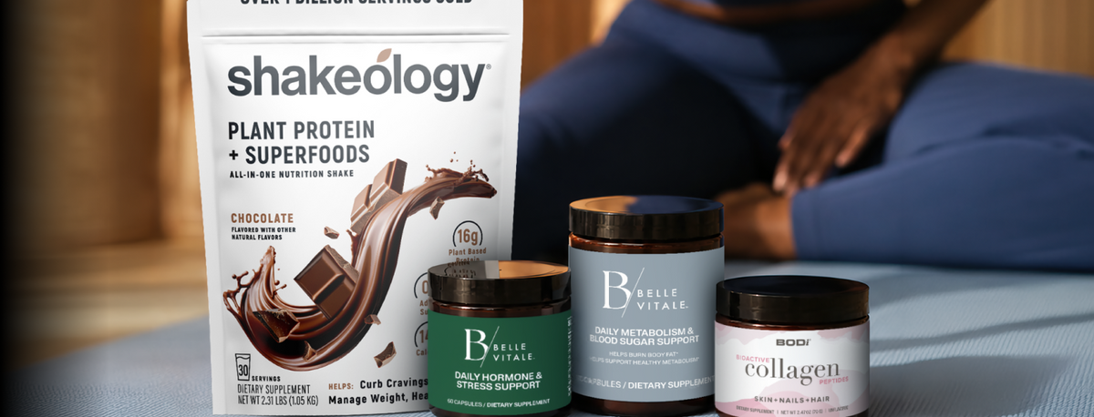 BODi perimenopause bundle with Shakeology, Belle Vitale hormone balance supplements, and collagen