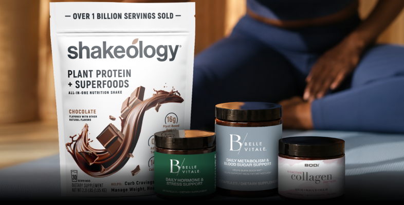 BODi perimenopause bundle with Shakeology, Belle Vitale hormone balance supplements, and collagen