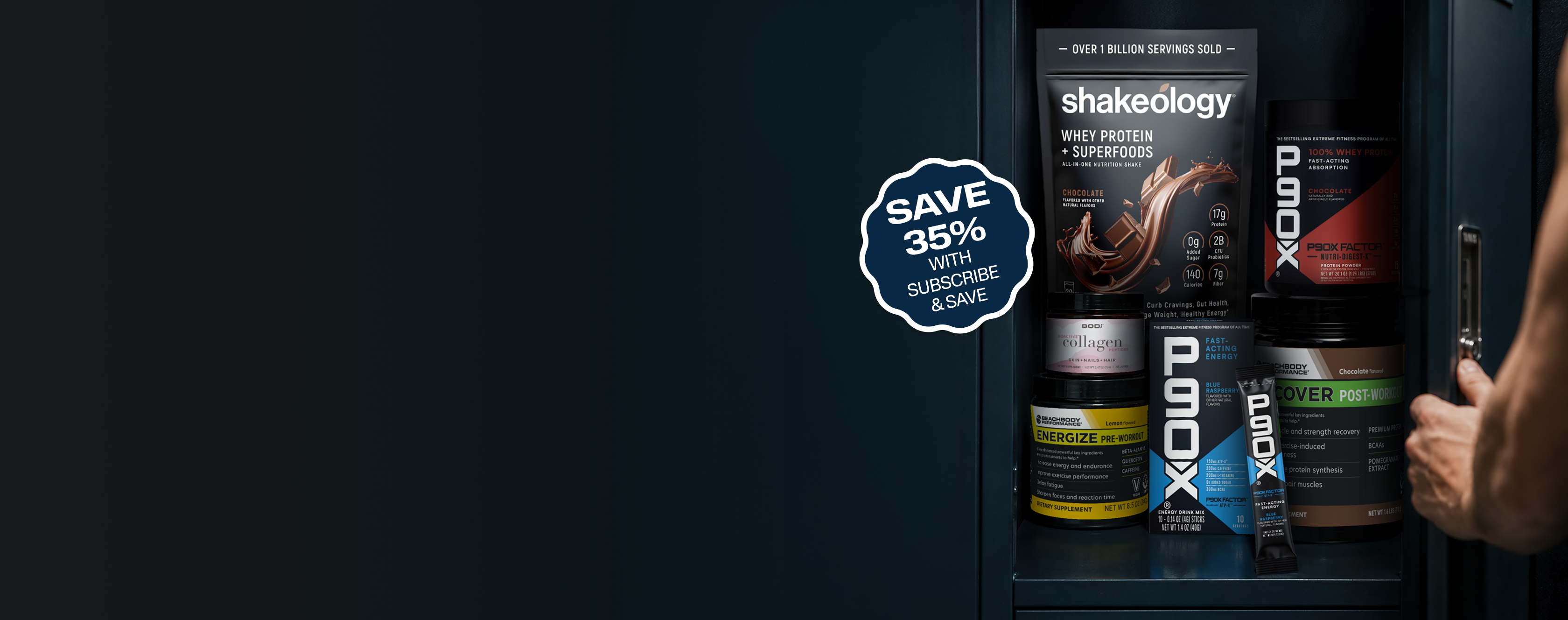 Dark cabinet door revealing a lineup of supplement products. Your Strongest Season Yet. Labor Day Sale