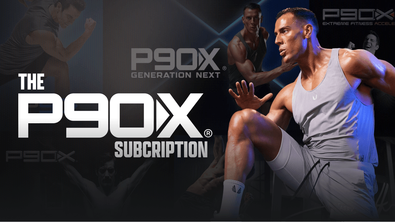 P90X subscription with a muscular man in a gray tank top and shorts.