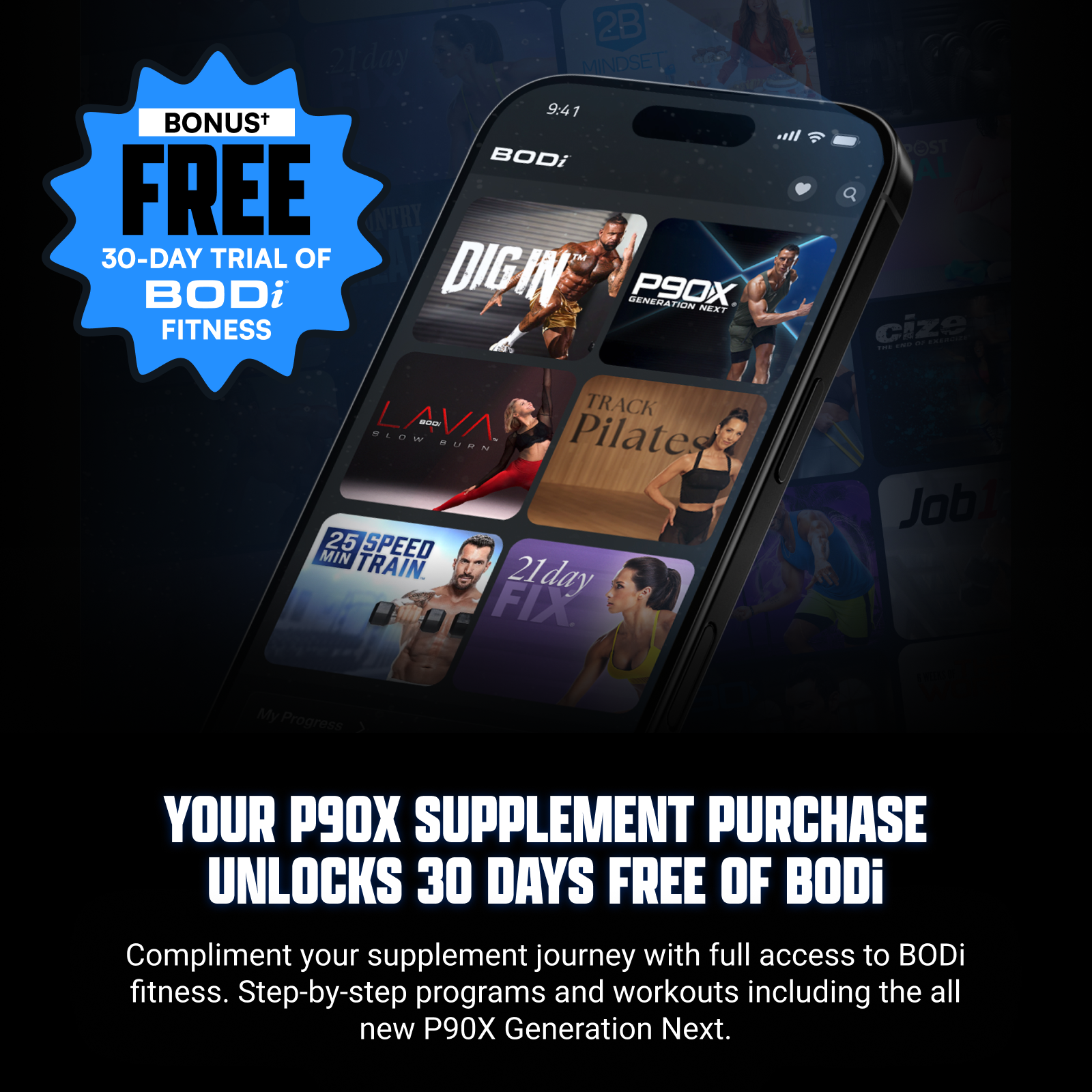 Your P90X Supplement Purchase unlocks 30 days free of BODi
