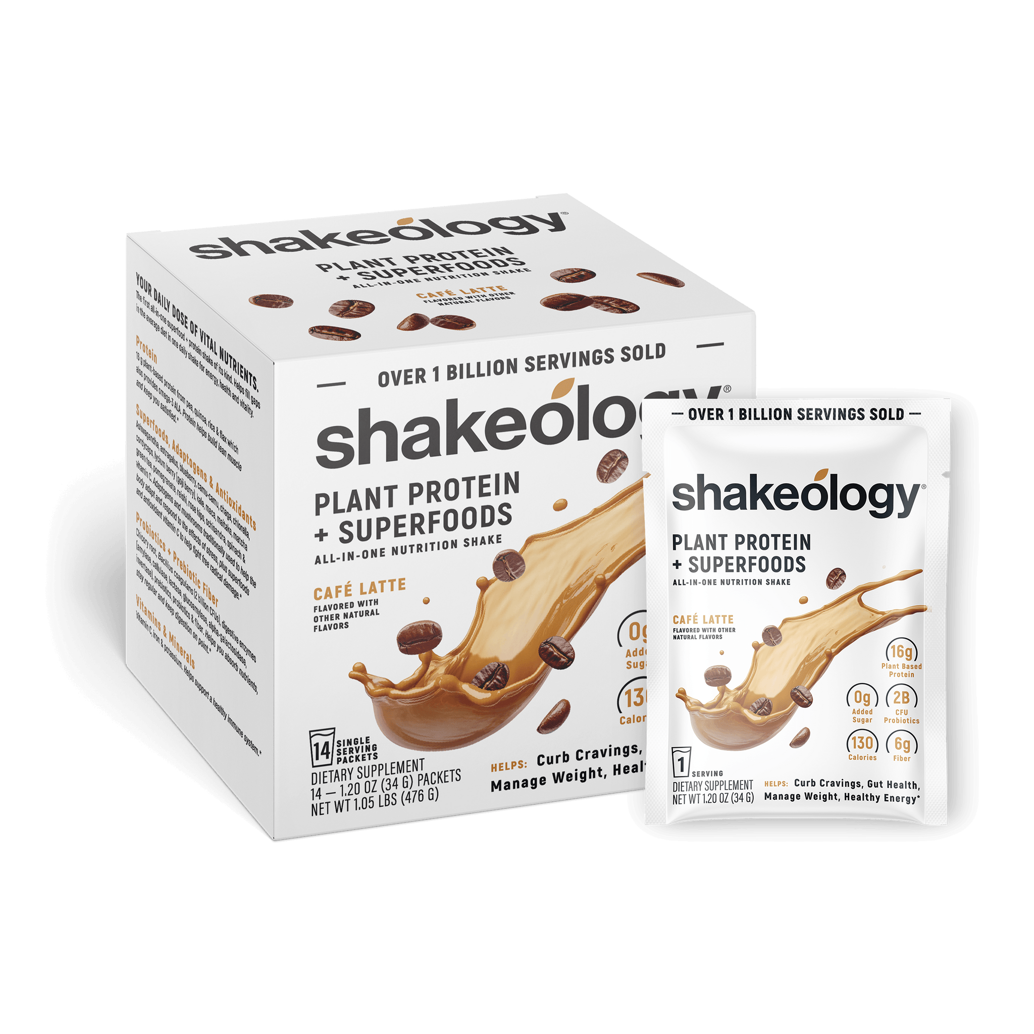 Shakeology Plant Protein + Superfoods shown as a retail box with a single sachet in front