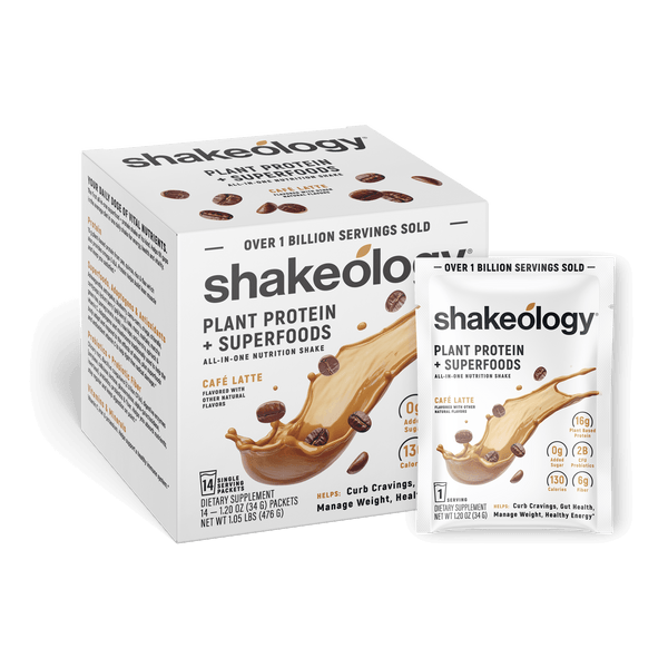 Shakeology Plant Protein + Superfoods shown as a retail box with a single sachet in front