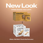 Promotional graphic for Shakeology protein showing a 'New Look' with the text 'SAME SHAKE YOU LOVE.' 