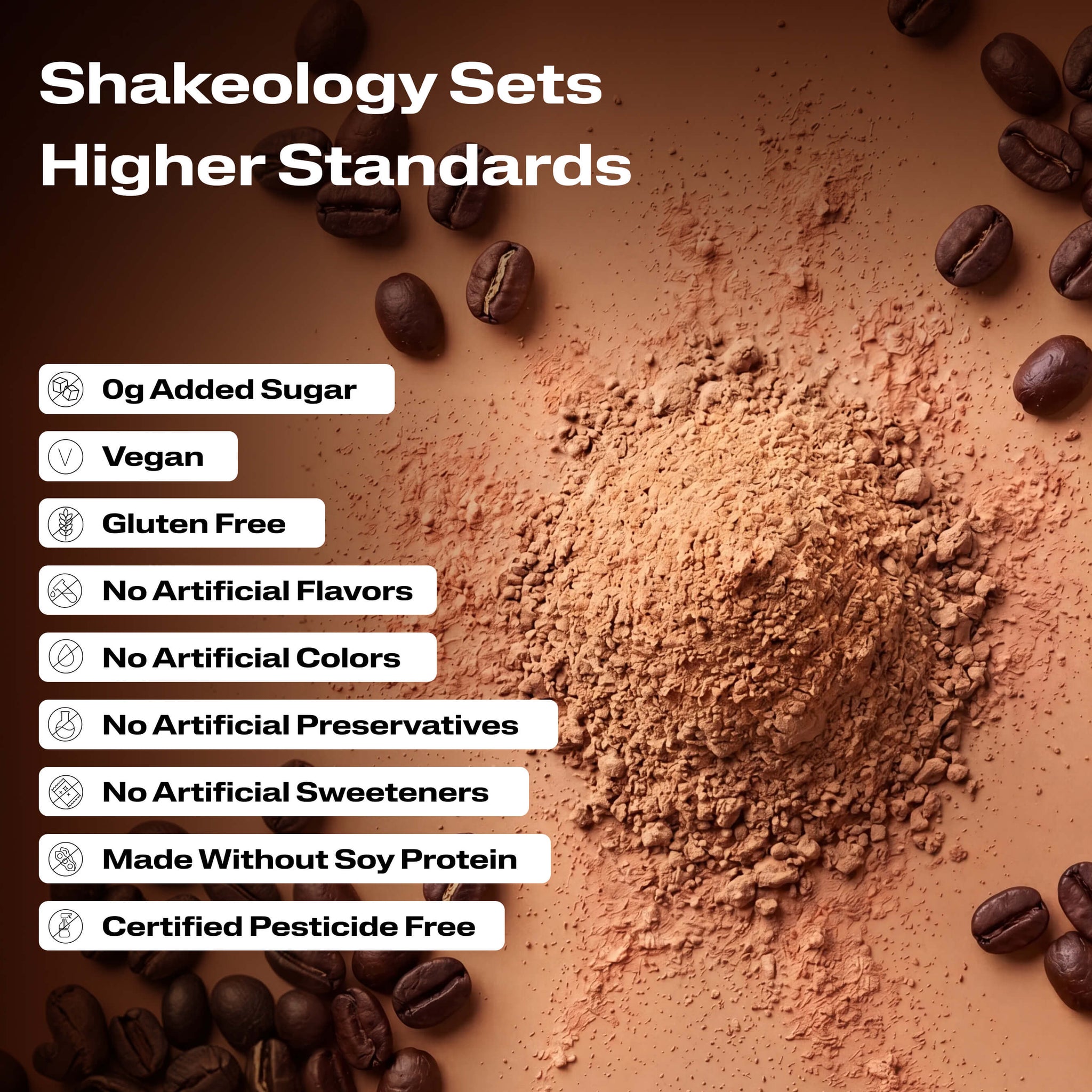 A close-up promotional graphic of Shakeology protein, superfood powder with validation callouts