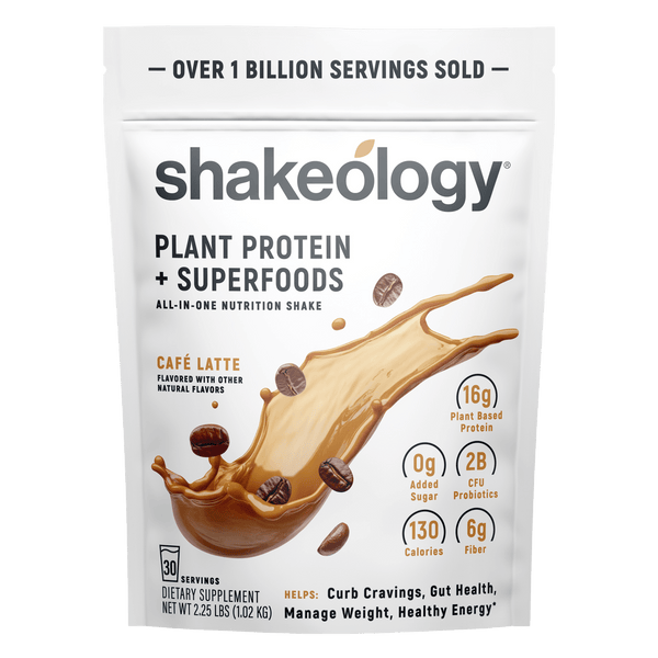 A stand-up pouch of Shakeology Plant Protein + Superfoods 