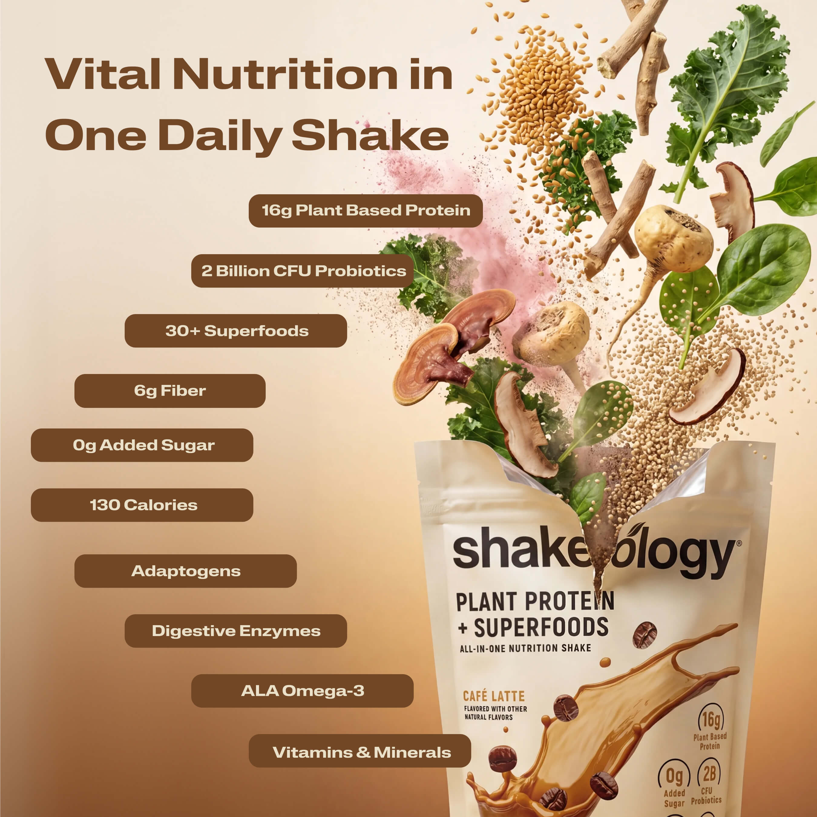 A promotional graphic for Shakeology Vital Nutrition in One Daily Shake. The left side features key nutritional benefits.