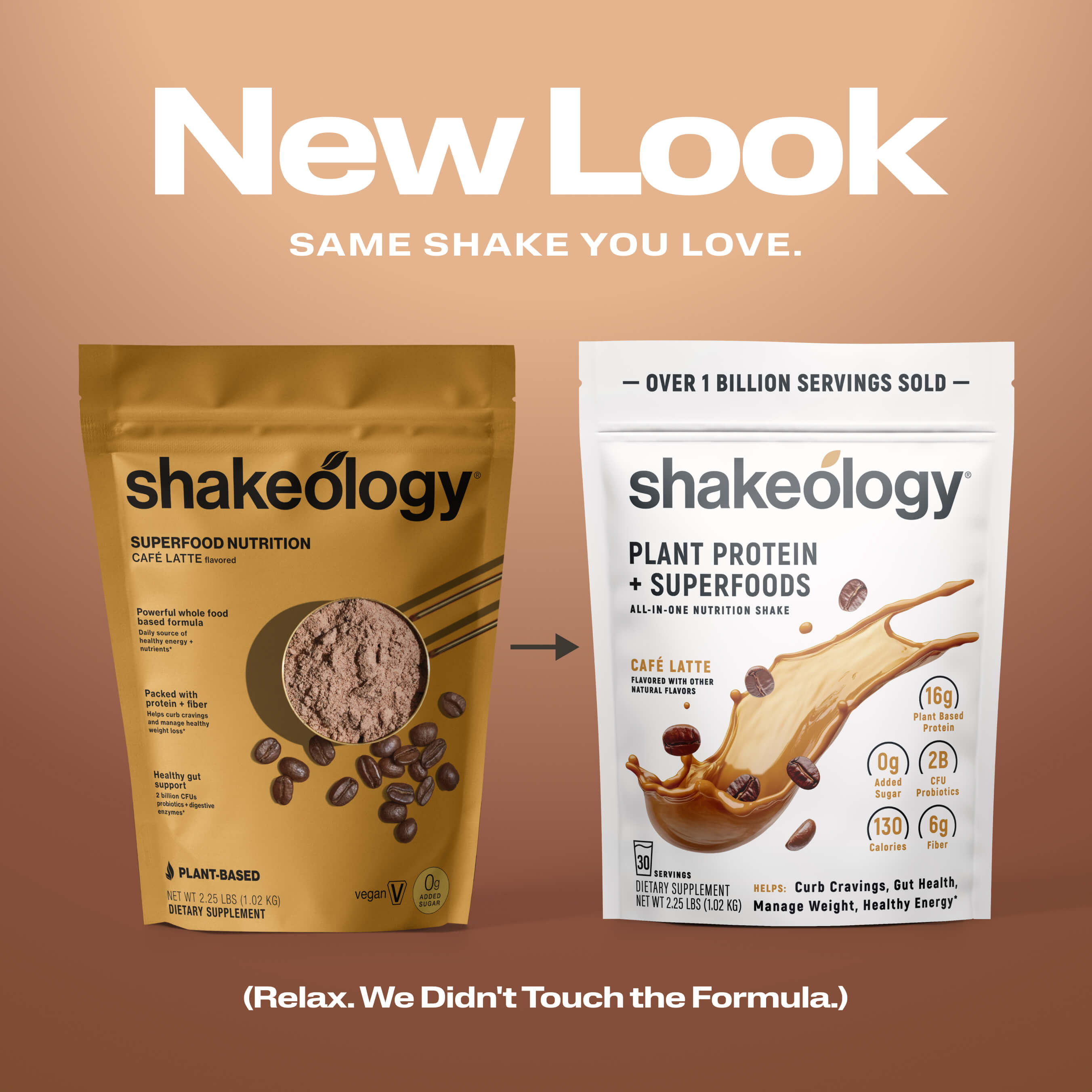 Promotional graphic for Shakeology protein showing a 'New Look' with the text 'SAME SHAKE YOU LOVE.' 