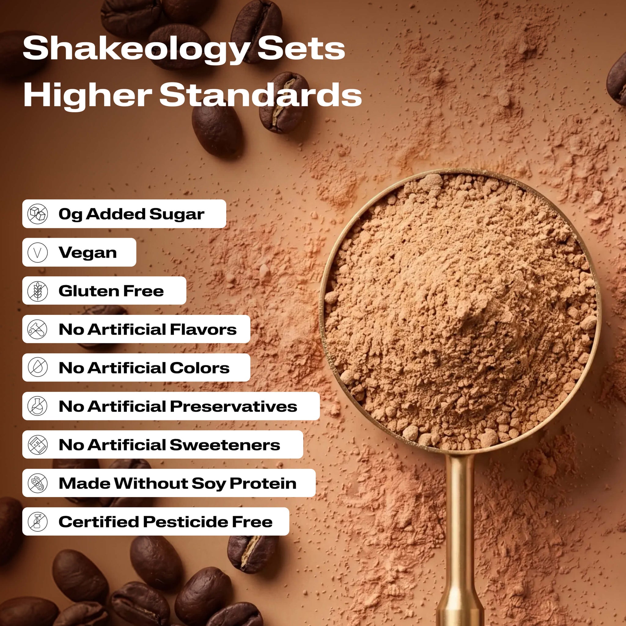 A close-up promotional graphic of Shakeology protein, superfood powder with validation callouts