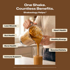 A promotional graphic of a person pouring Shakeology from a blender into a glass with benefit callouts