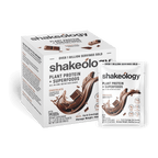 Shakeology Plant Protein + Superfoods shown as a retail box with a single sachet in front