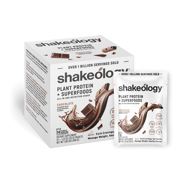 Shakeology Plant Protein + Superfoods shown as a retail box with a single sachet in front