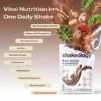A promotional graphic for Shakeology Vital Nutrition in One Daily Shake. The left side features key nutritional benefits.