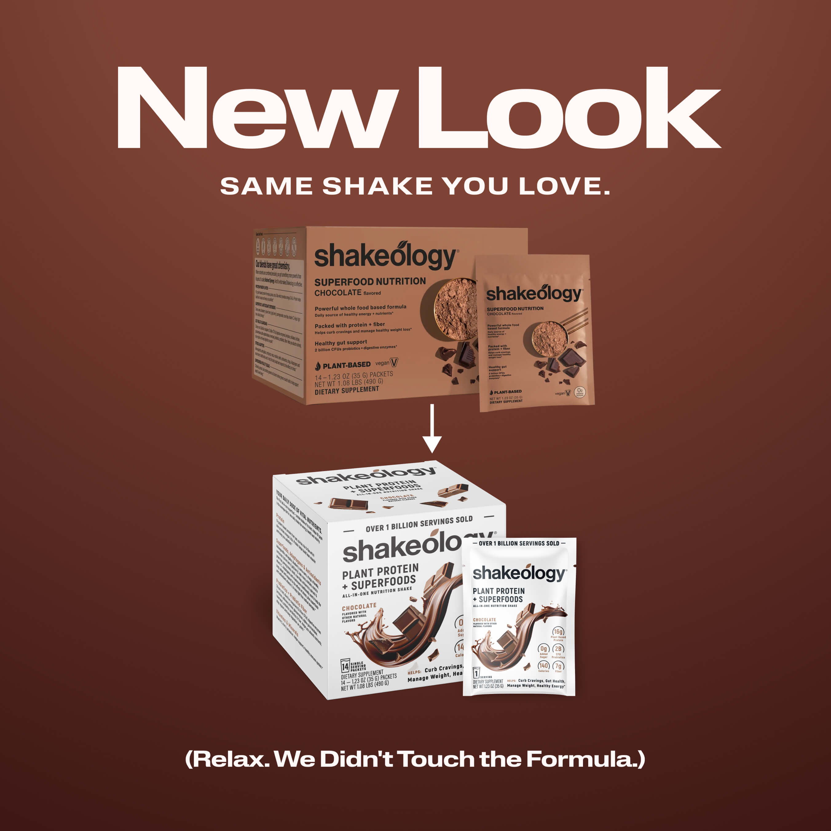 Promotional graphic for Shakeology protein showing a 'New Look' with the text 'SAME SHAKE YOU LOVE.' 