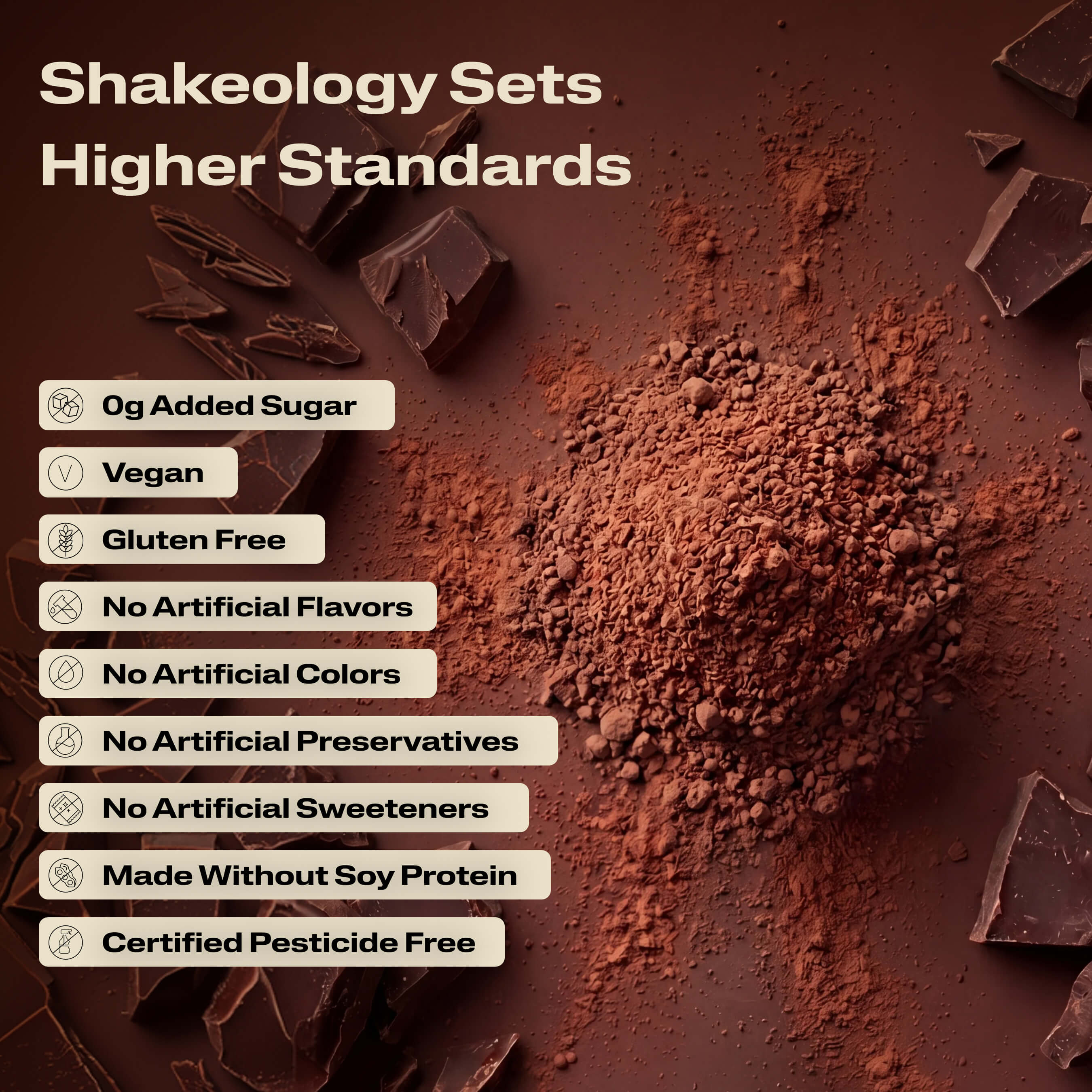 A close-up promotional graphic of Shakeology protein, superfood powder with validation callouts