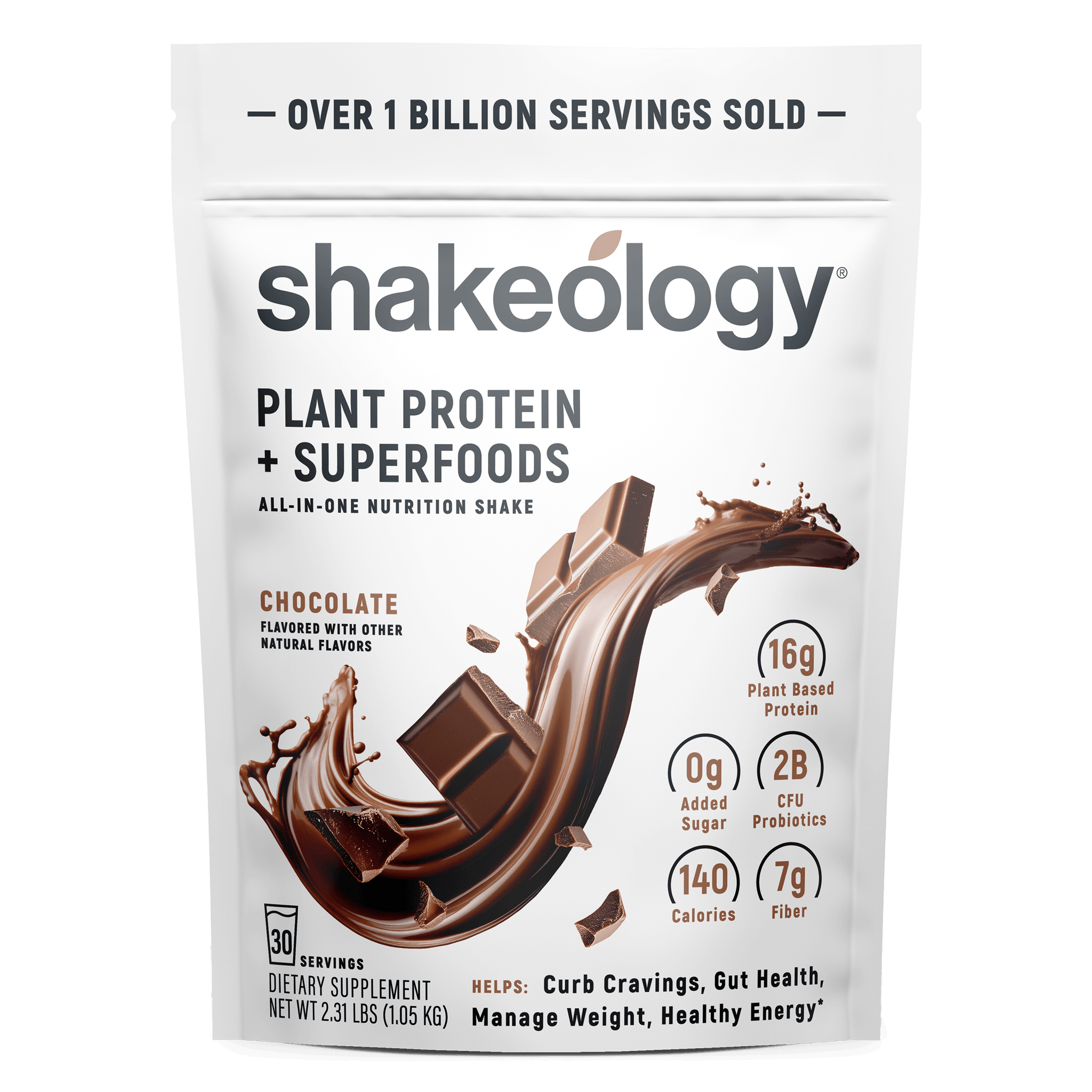 A stand-up pouch of Shakeology Plant Protein + Superfoods 