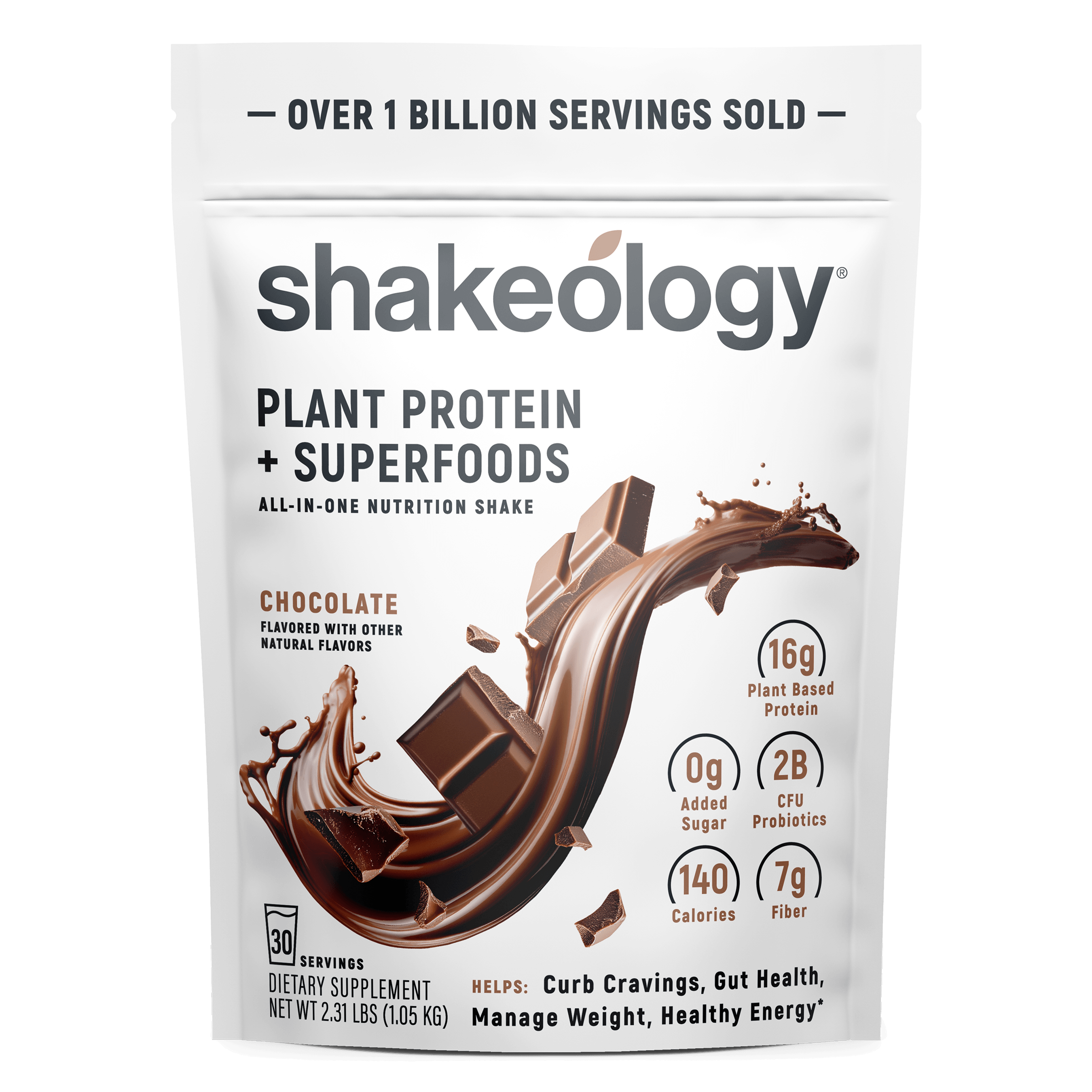 A stand-up pouch of Shakeology Plant Protein + Superfoods 