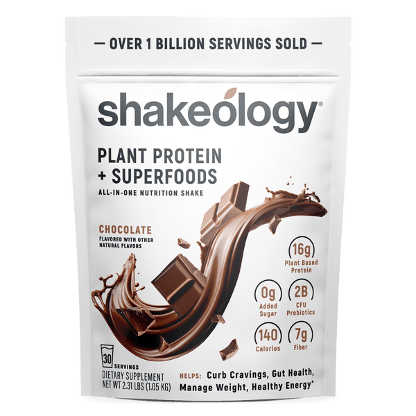 A stand-up pouch of Shakeology Plant Protein + Superfoods 