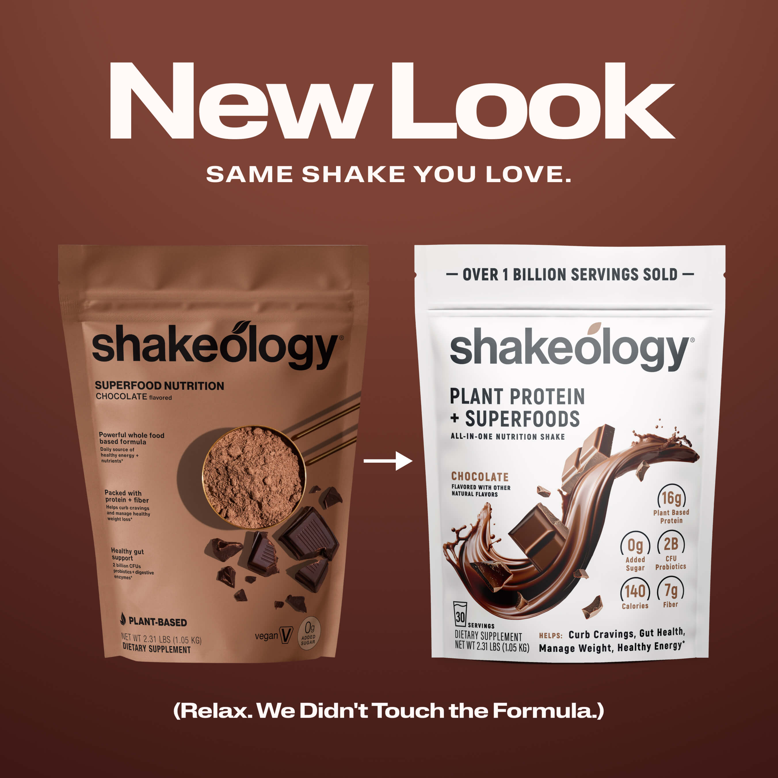 Promotional graphic for Shakeology protein showing a 'New Look' with the text 'SAME SHAKE YOU LOVE.' 