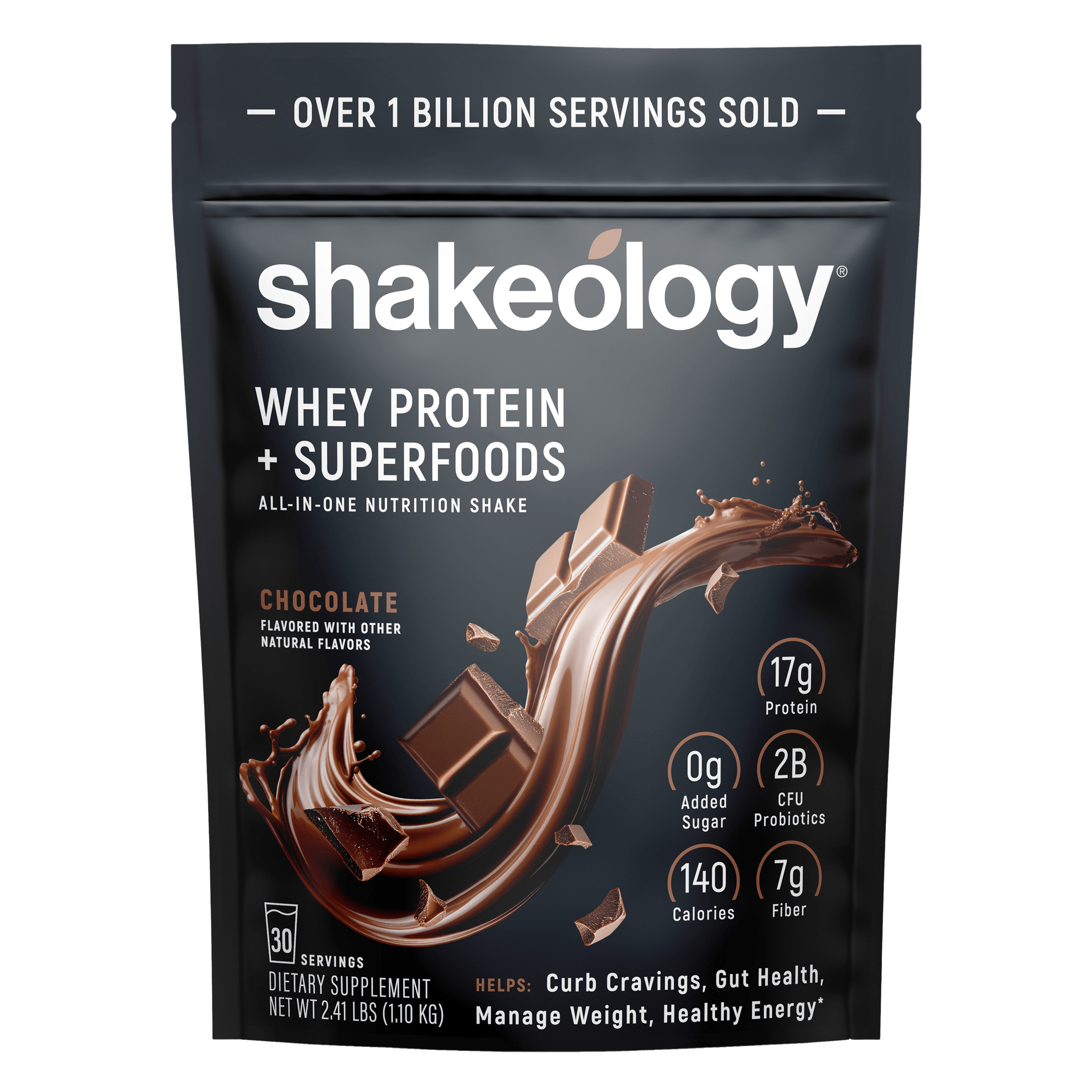 A stand-up pouch of Shakeology Whey Protein + Superfoods 