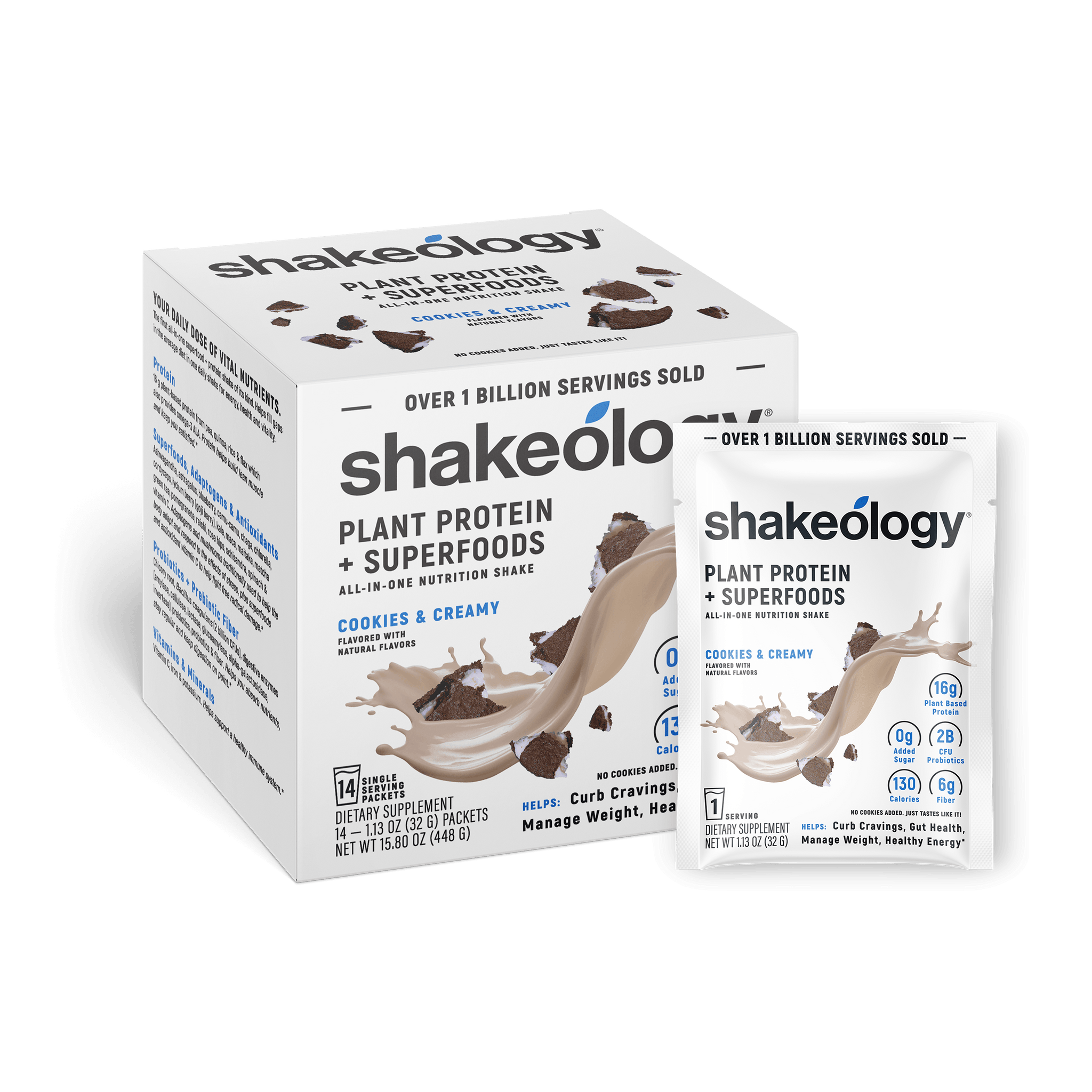 Shakeology Plant Protein + Superfoods shown as a retail box with a single sachet in front