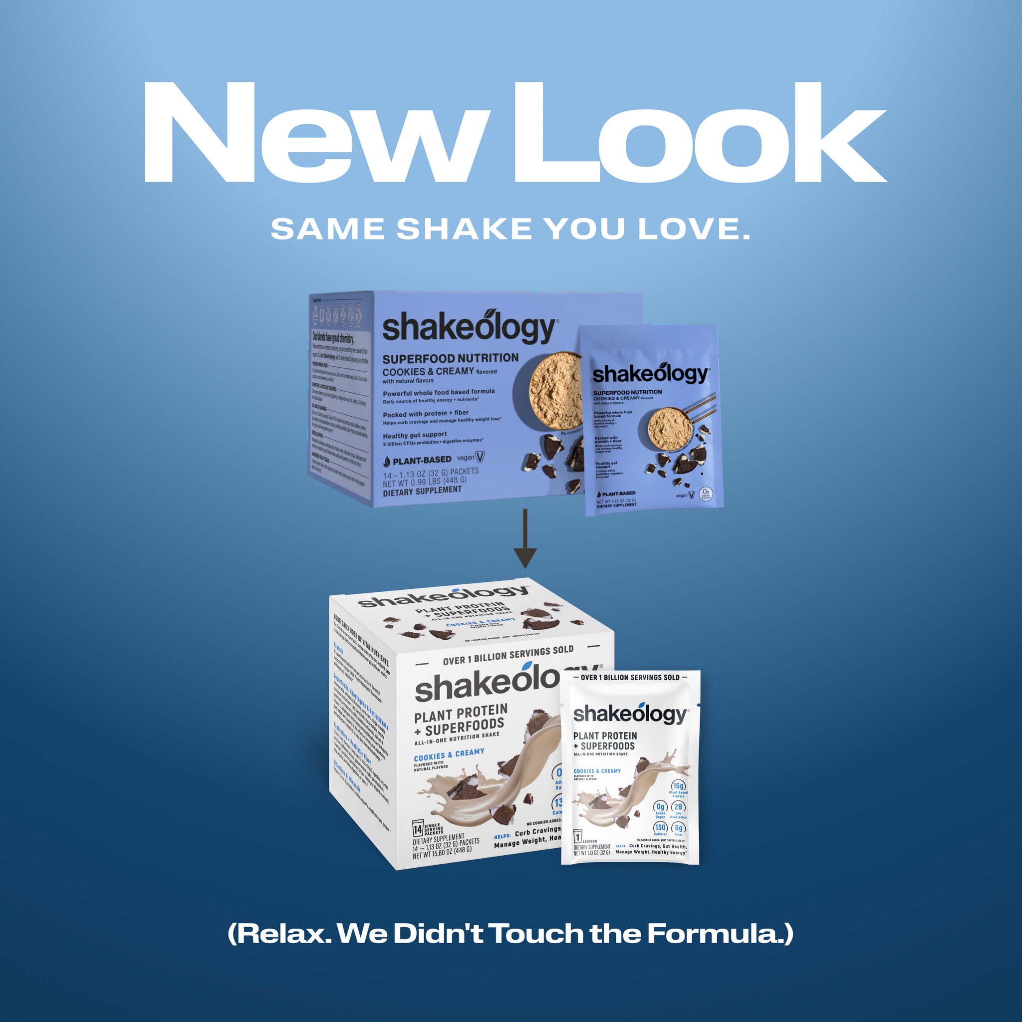 Promotional graphic for Shakeology protein showing a 'New Look' with the text 'SAME SHAKE YOU LOVE.' 