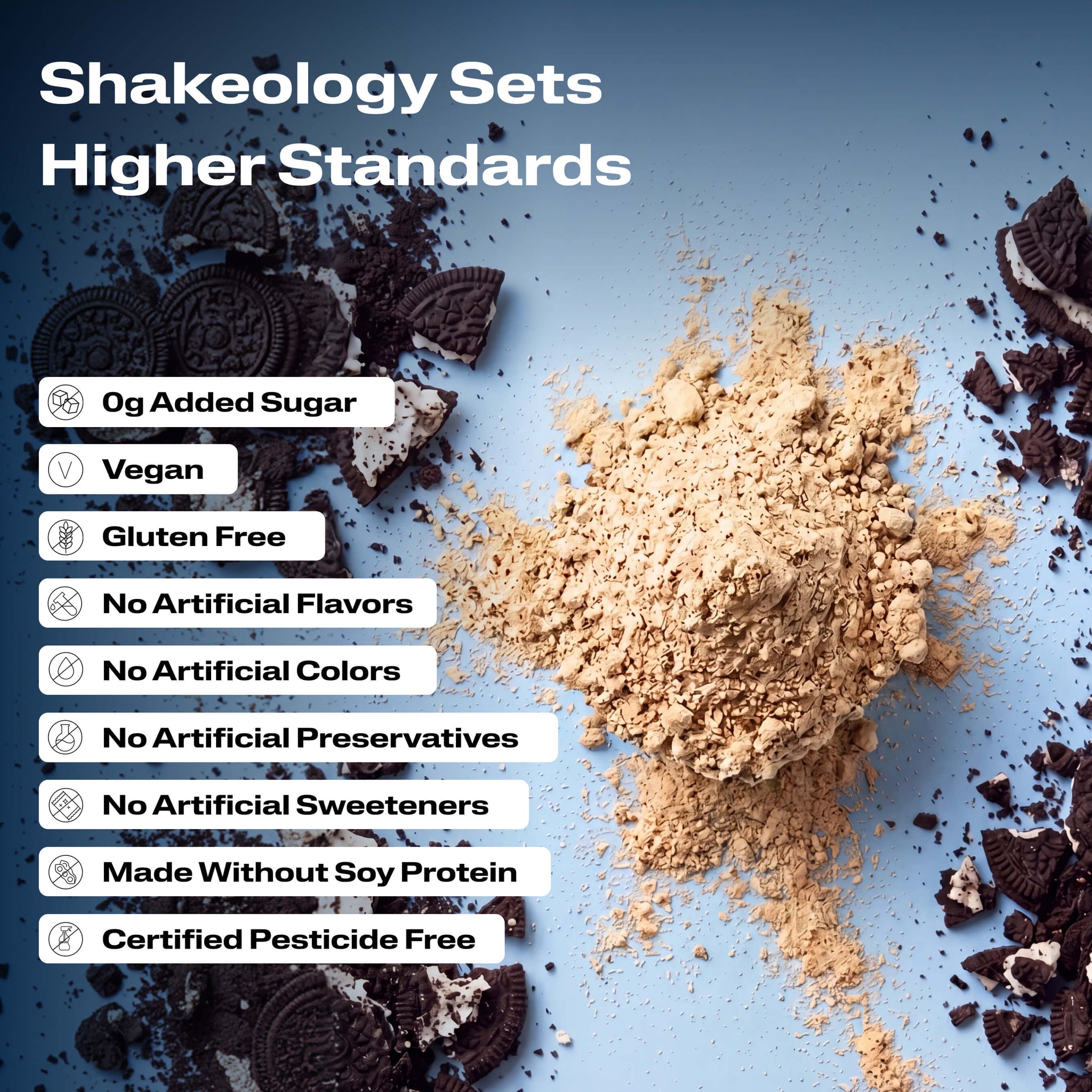 A close-up promotional graphic of Shakeology protein, superfood powder with validation callouts