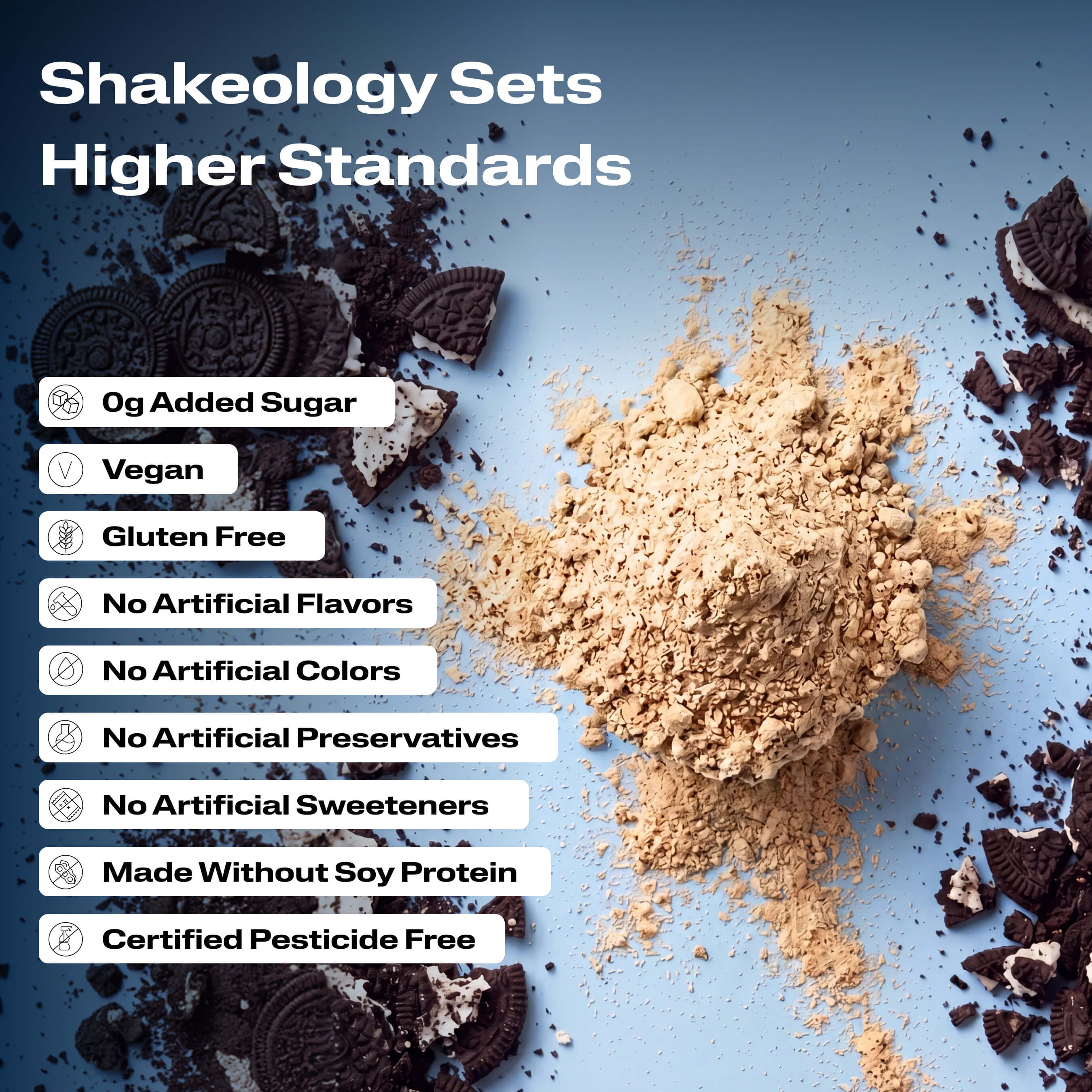 A close-up promotional graphic of Shakeology protein, superfood powder with validation callouts