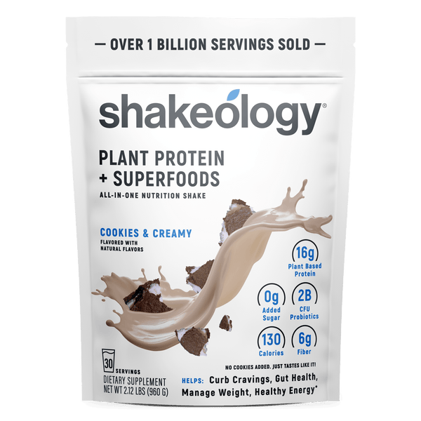 A stand-up pouch of Shakeology Plant Protein + Superfoods 