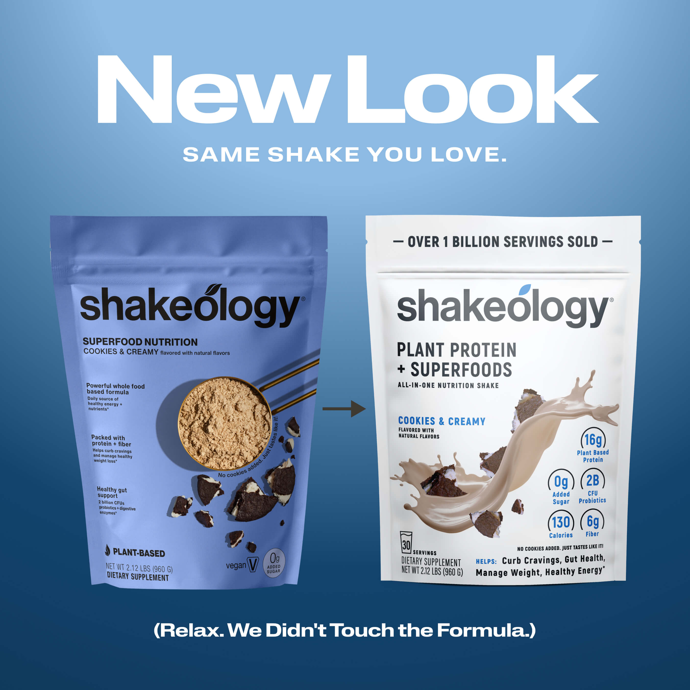 Promotional graphic for Shakeology protein showing a 'New Look' with the text 'SAME SHAKE YOU LOVE.' 