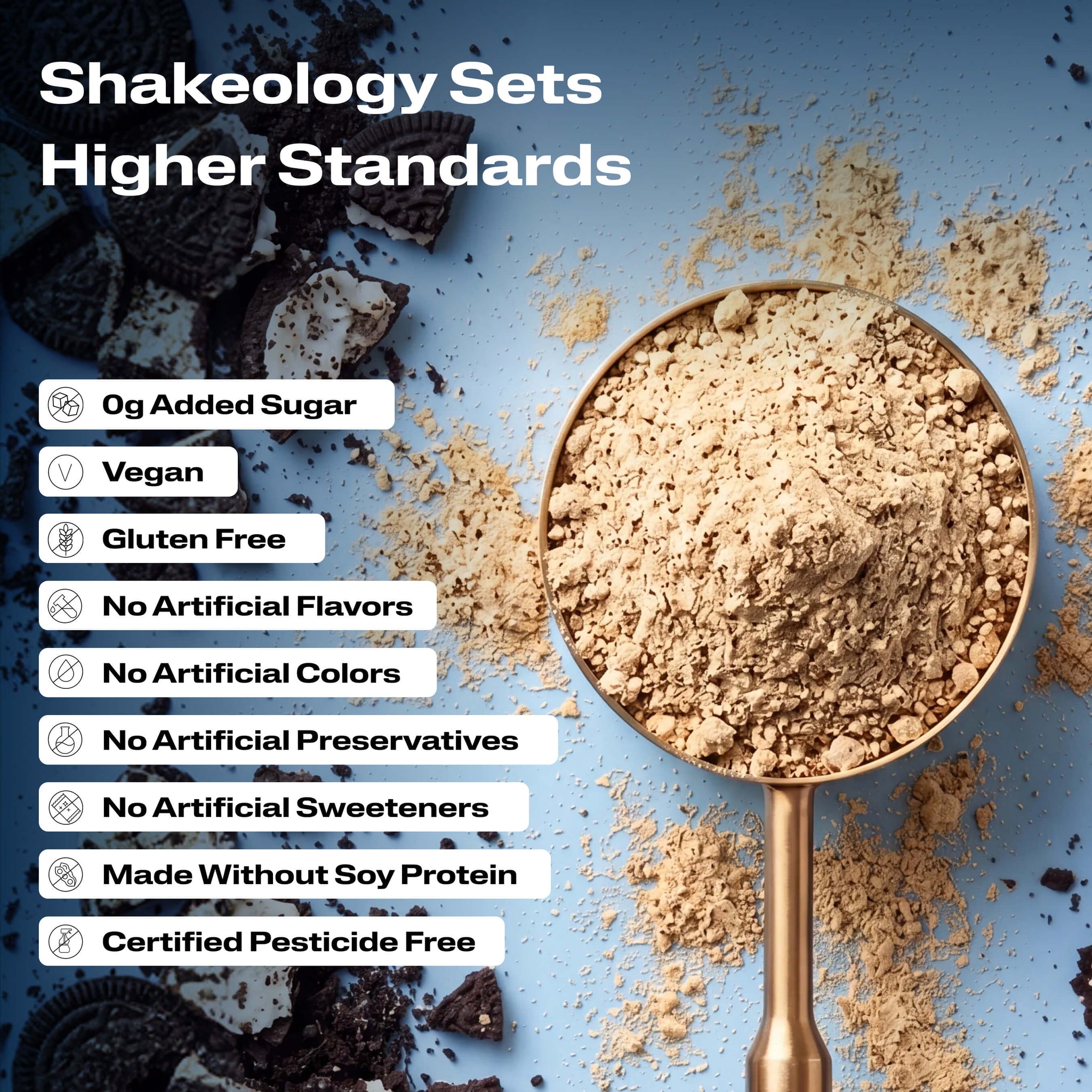 A close-up promotional graphic of Shakeology protein, superfood powder with validation callouts