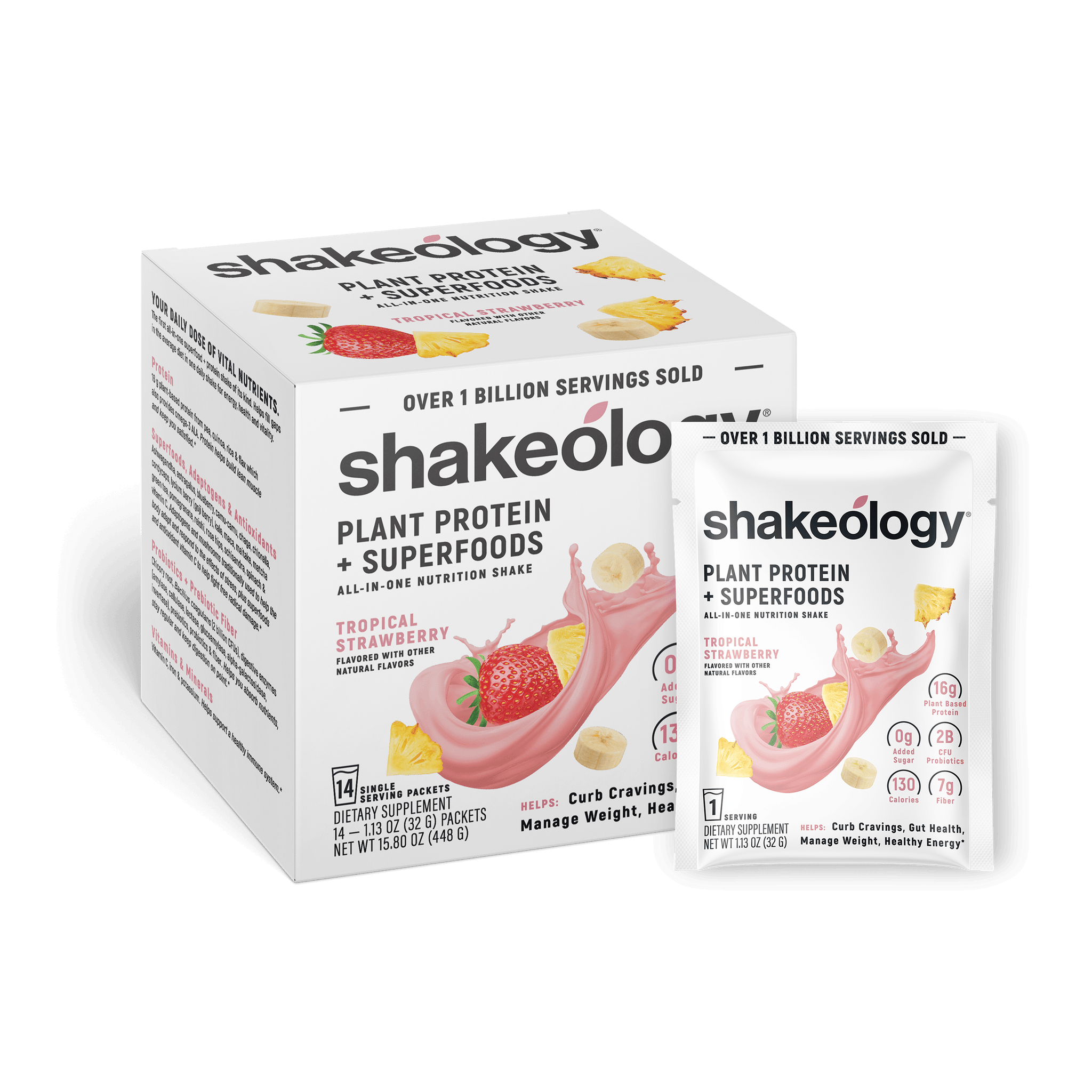 Shakeology Plant Protein + Superfoods shown as a retail box with a single sachet in front