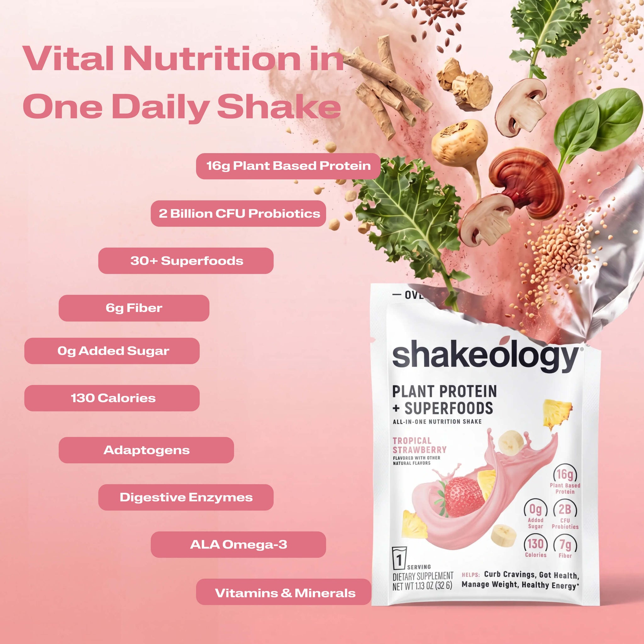 A promotional graphic for Shakeology Vital Nutrition in One Daily Shake. The left side features key nutritional benefits.
