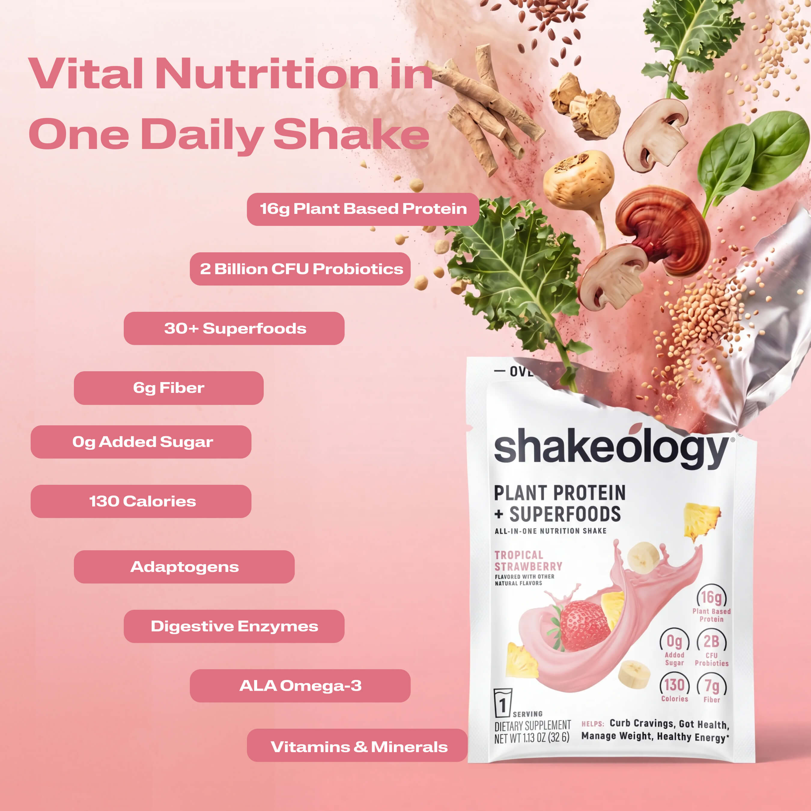 A promotional graphic for Shakeology Vital Nutrition in One Daily Shake. The left side features key nutritional benefits.
