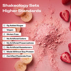 A close-up promotional graphic of Shakeology protein, superfood powder with validation callouts