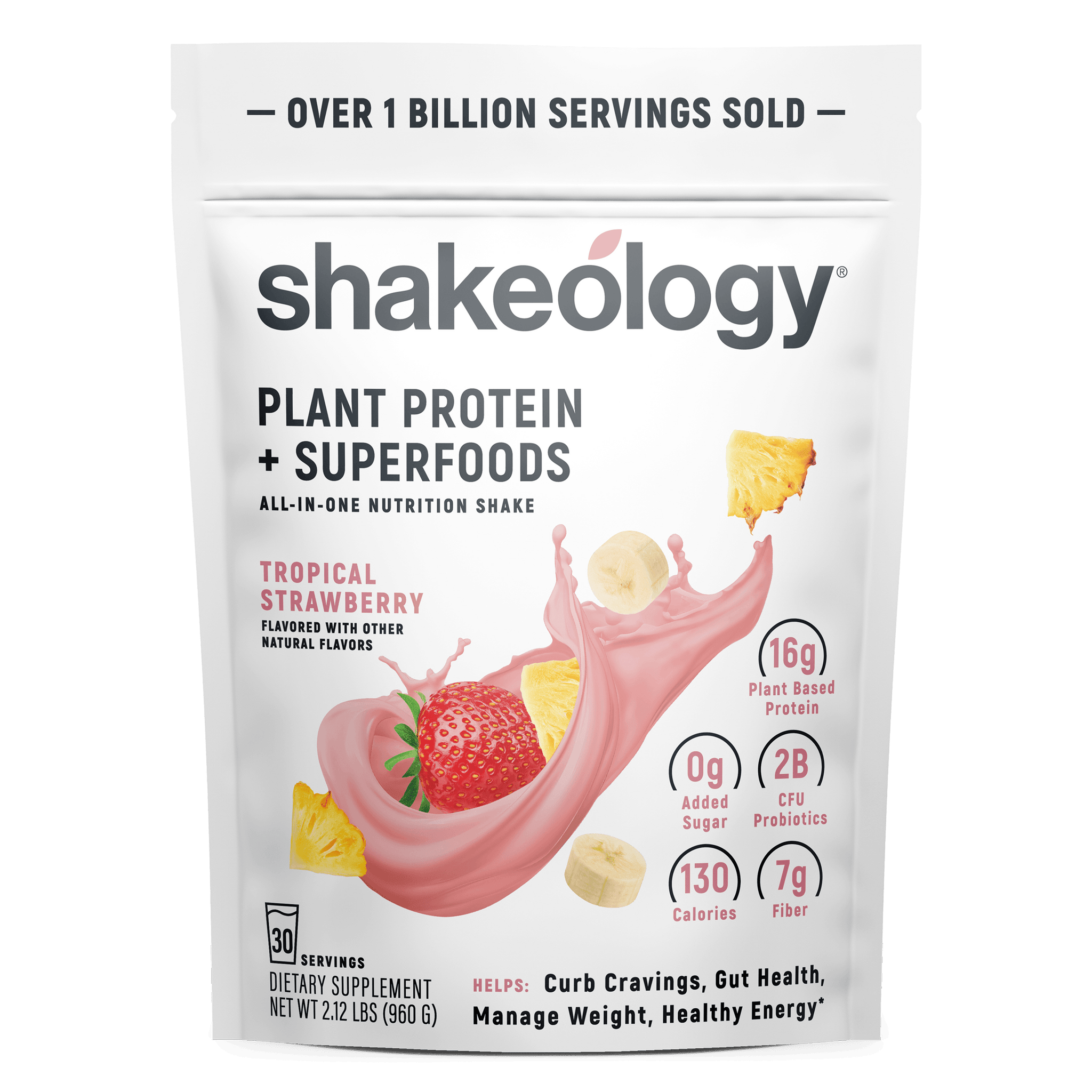 A stand-up pouch of Shakeology Plant Protein + Superfoods 