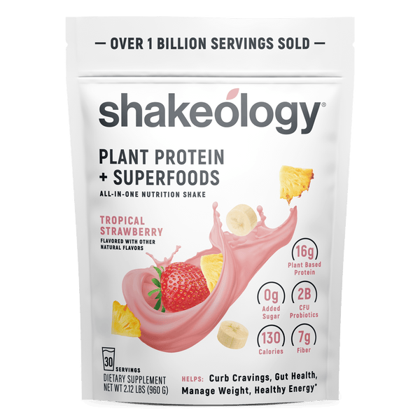 A stand-up pouch of Shakeology Plant Protein + Superfoods 