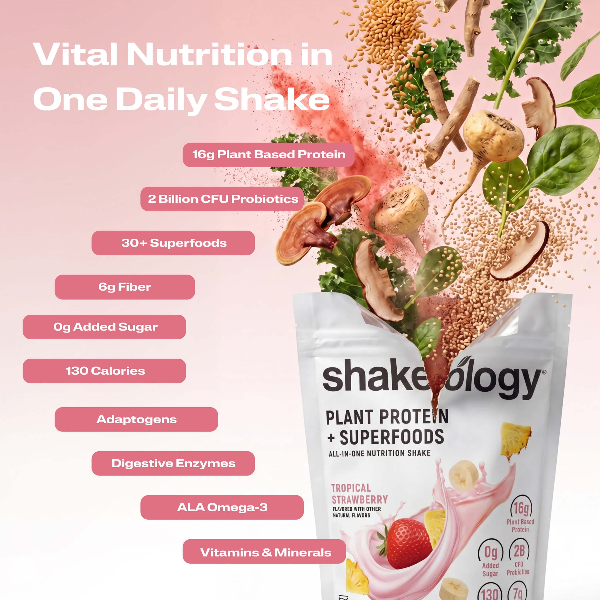 A promotional graphic for Shakeology Vital Nutrition in One Daily Shake. The left side features key nutritional benefits.
