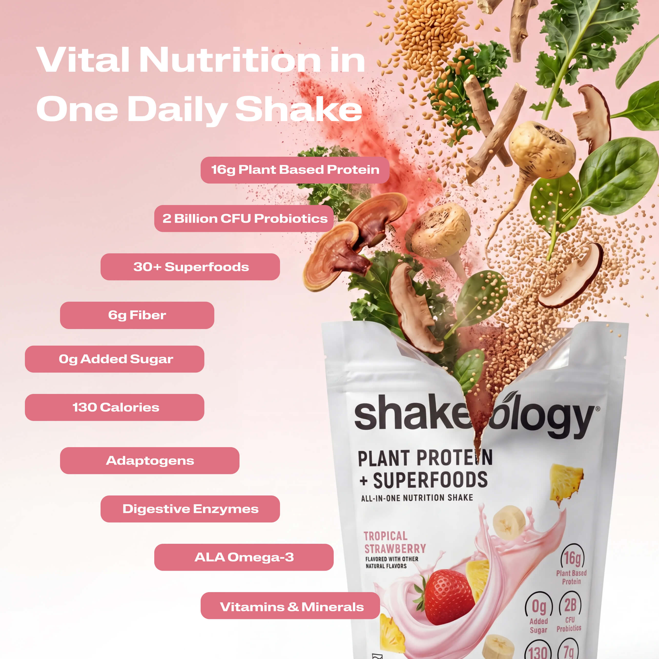 A promotional graphic for Shakeology Vital Nutrition in One Daily Shake. The left side features key nutritional benefits.