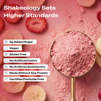 A close-up promotional graphic of Shakeology protein, superfood powder with validation callouts