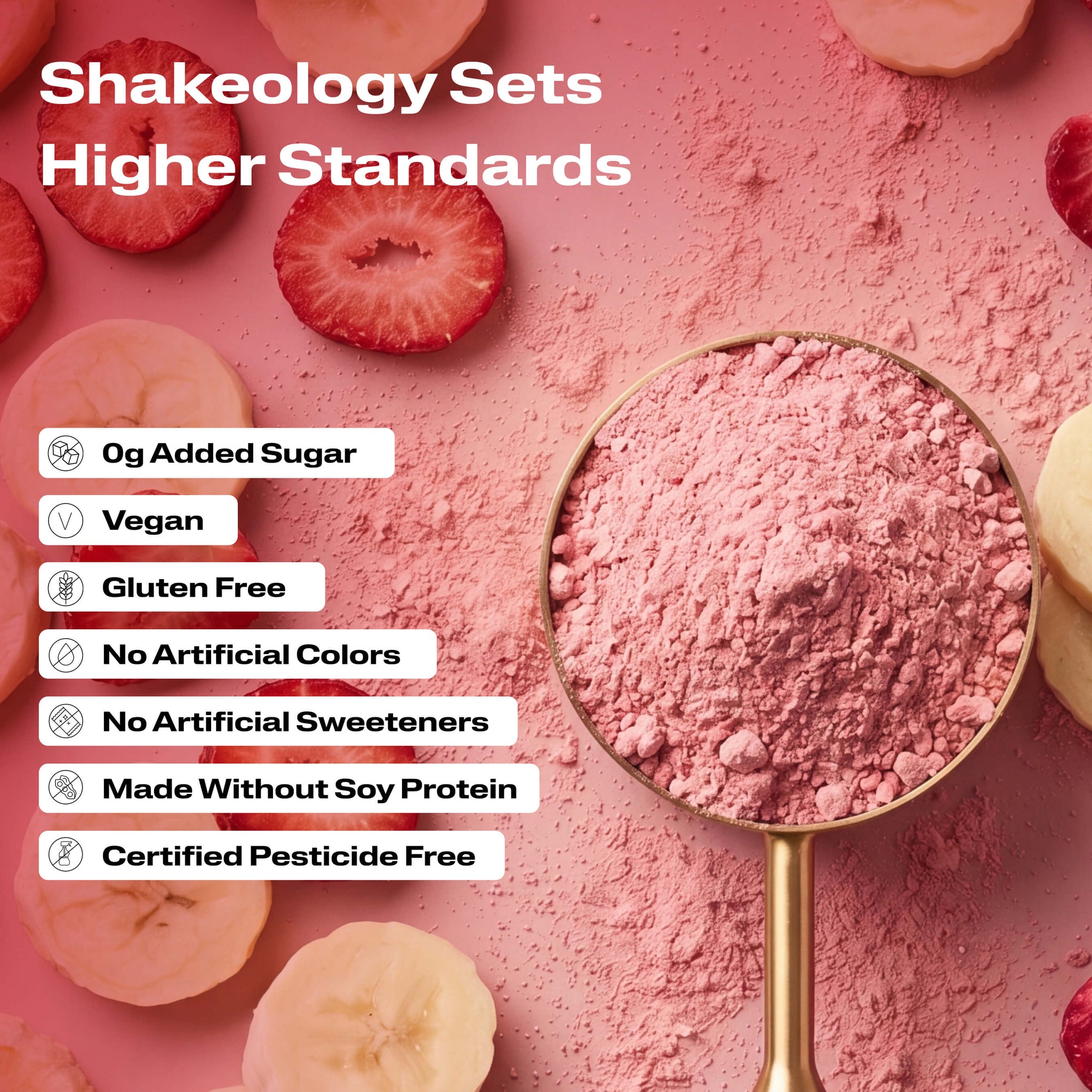 A close-up promotional graphic of Shakeology protein, superfood powder with validation callouts