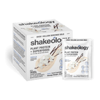 Shakeology Plant Protein + Superfoods shown as a retail box with a single sachet in front