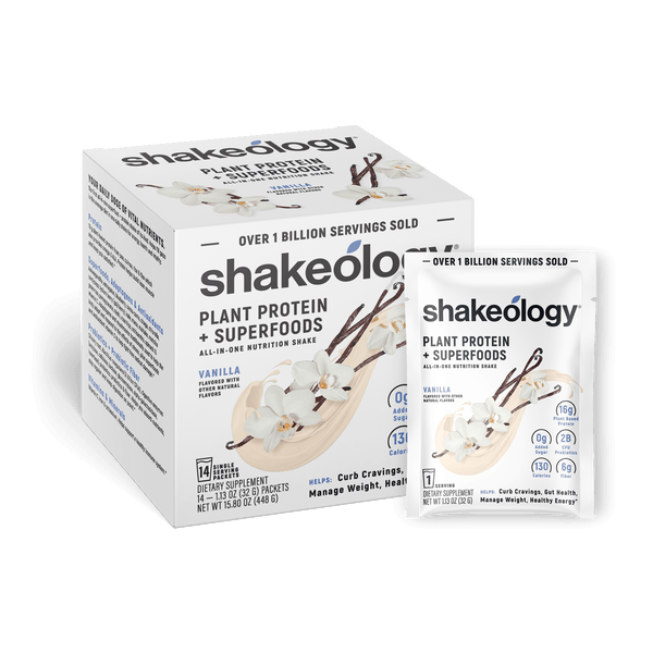 Shakeology Plant Protein + Superfoods shown as a retail box with a single sachet in front