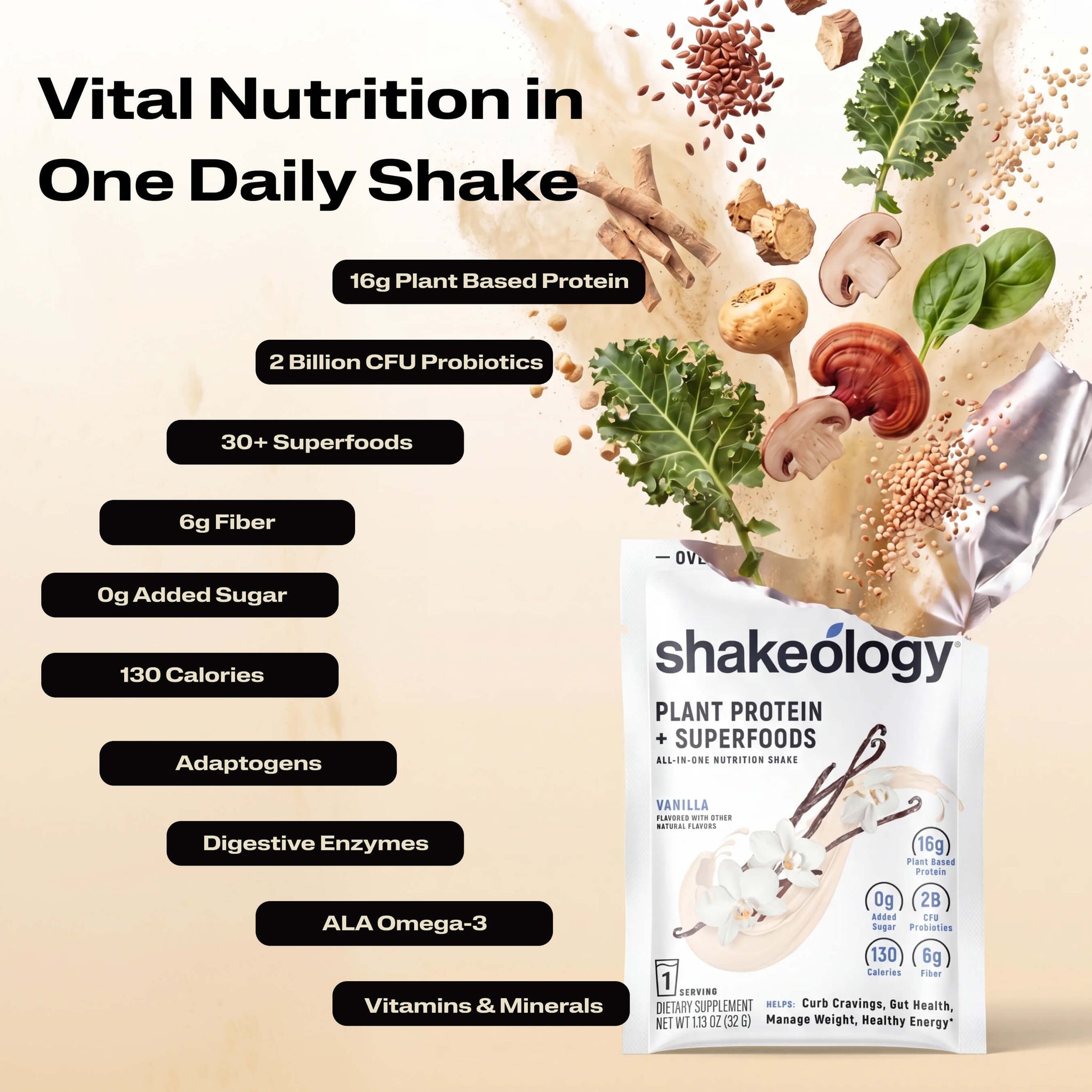 A promotional graphic for Shakeology Vital Nutrition in One Daily Shake. The left side features key nutritional benefits.