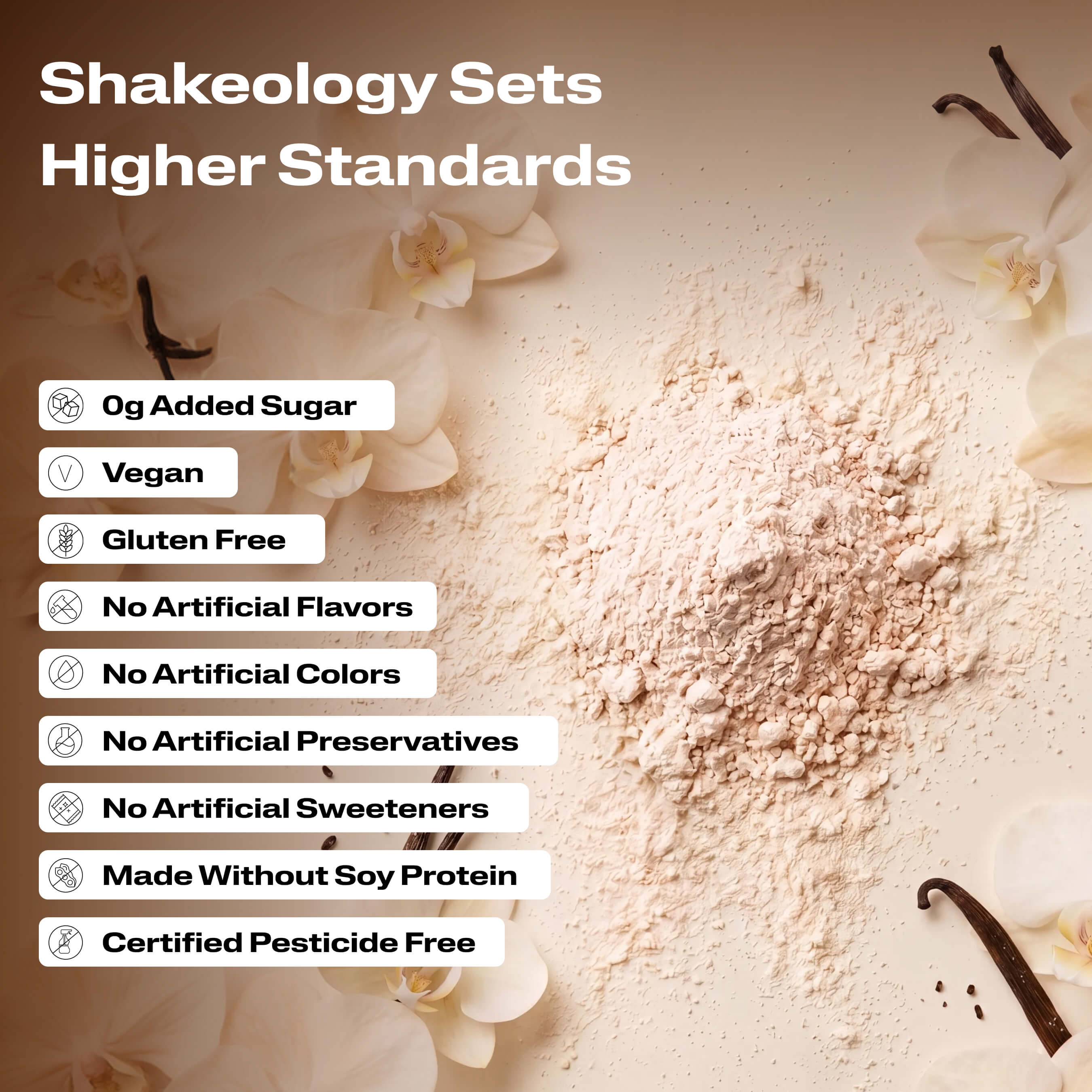 A close-up promotional graphic of Shakeology protein, superfood powder with validation callouts