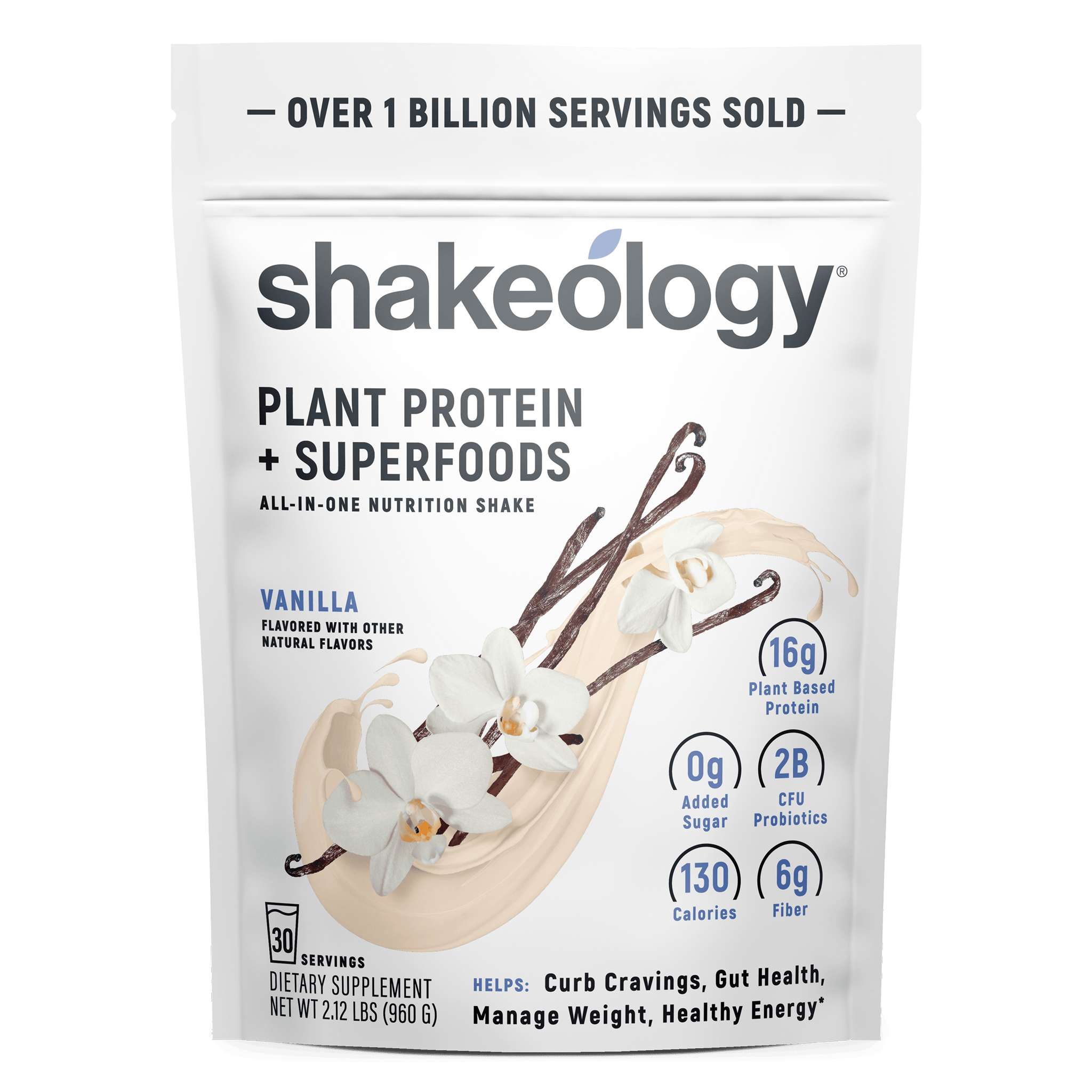 A stand-up pouch of Shakeology Plant Protein + Superfoods 