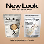 Promotional graphic for Shakeology protein showing a 'New Look' with the text 'SAME SHAKE YOU LOVE.' 