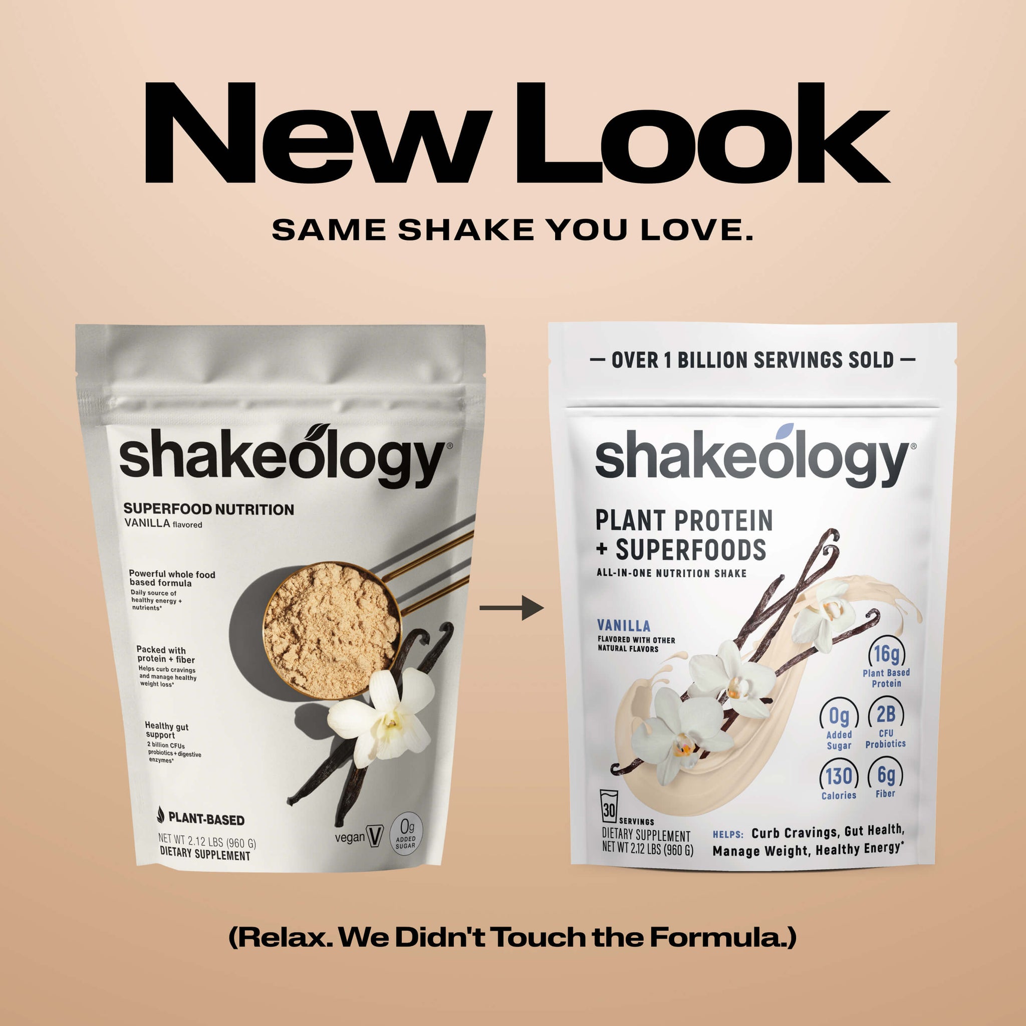 Promotional graphic for Shakeology protein showing a 'New Look' with the text 'SAME SHAKE YOU LOVE.' 