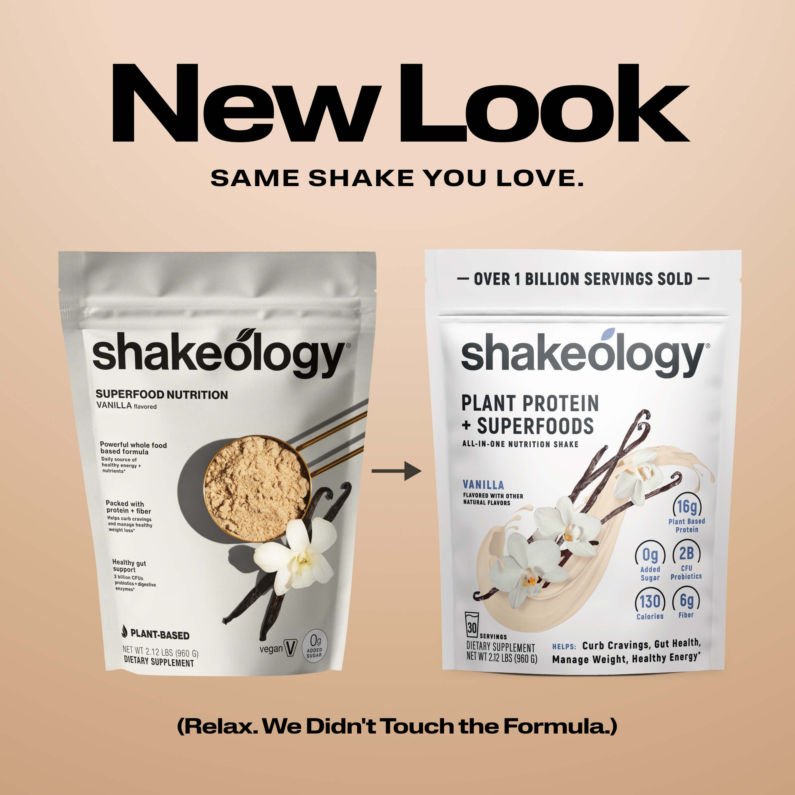 Promotional graphic for Shakeology protein showing a 'New Look' with the text 'SAME SHAKE YOU LOVE.' 