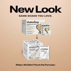Promotional graphic for Shakeology protein showing a 'New Look' with the text 'SAME SHAKE YOU LOVE.' 